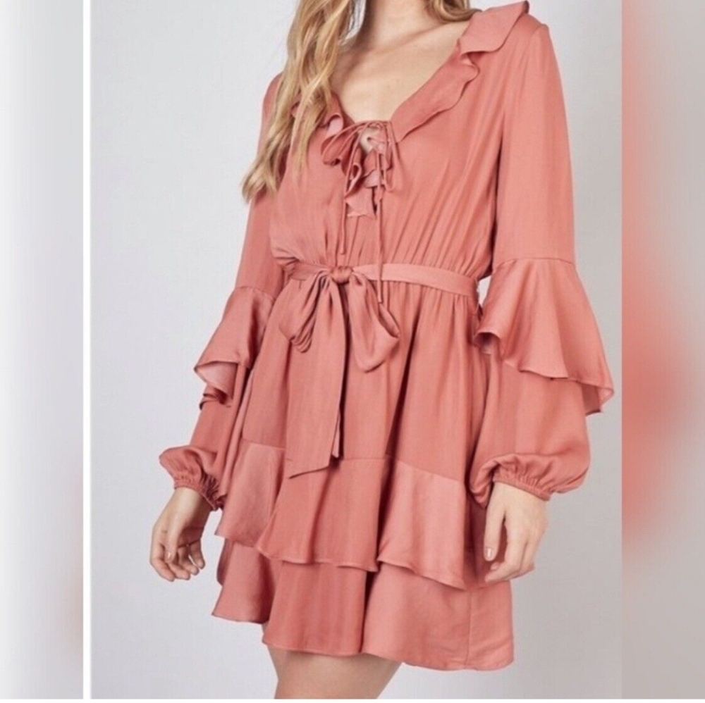 #1140 Do + Be Rusty Rose Bohemian Ruffle Dress sz M